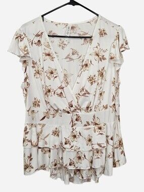 Haute Fox off white & brown floral babydoll top deep V-neck with ruffle detail